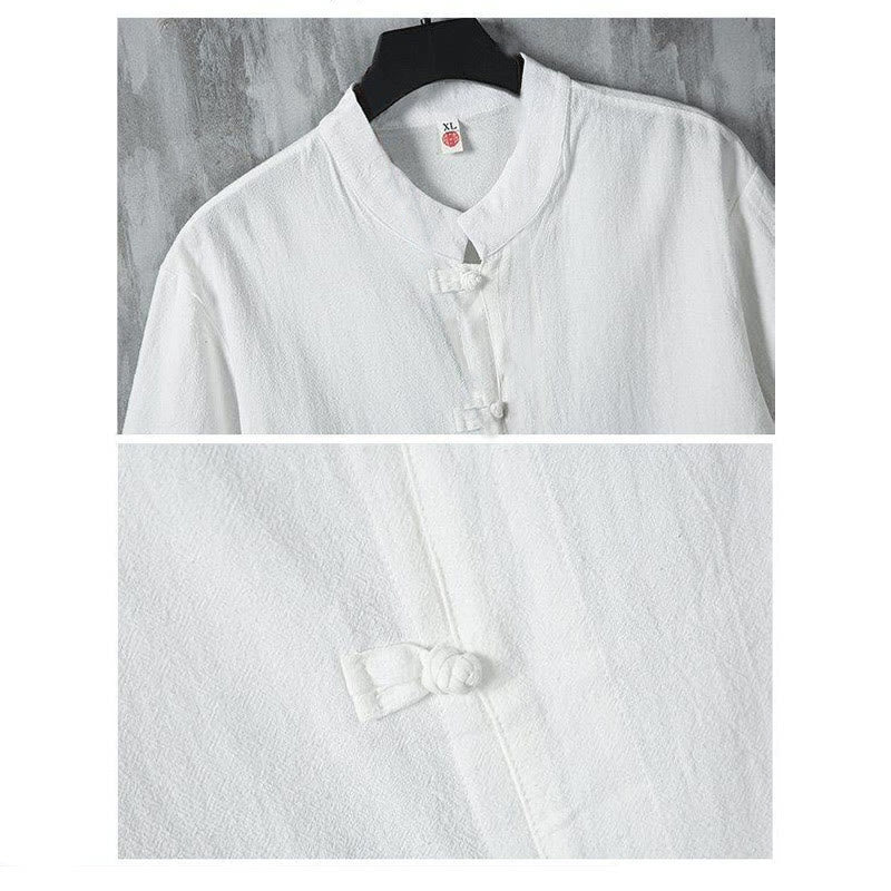 Buddha Stones Summer Plain Tang Suit Frog-Button Design Men's Short Sleeve Cotton Shirt