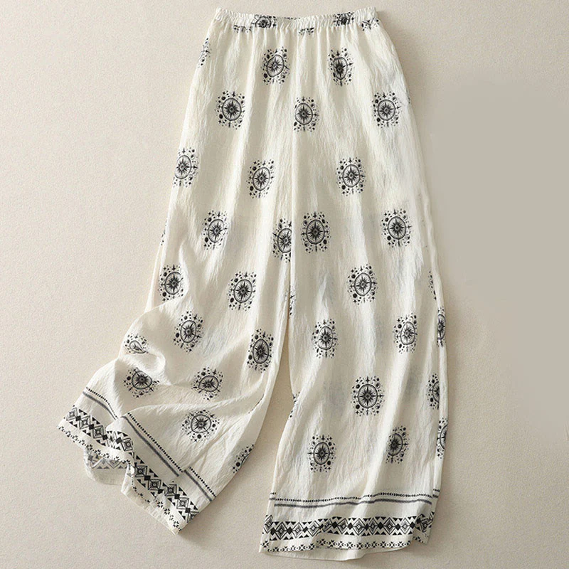 Buddha Stones Bohemian Printing Celestial Pattern Women's Wide Leg Cotton Pants With Pockets