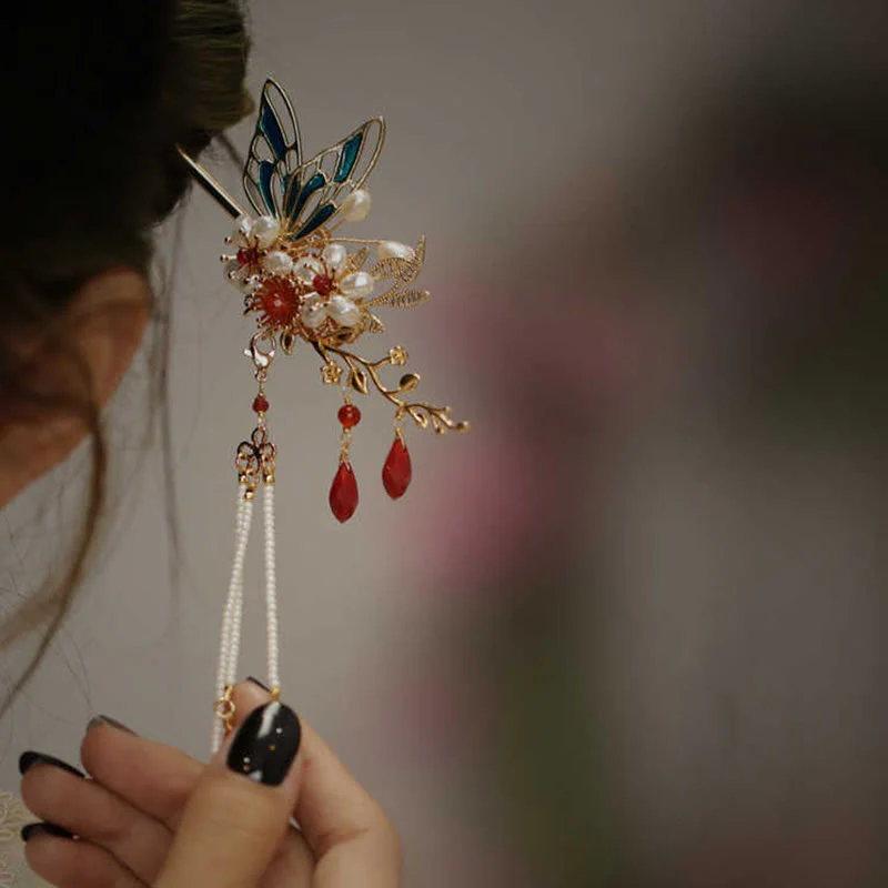 Buddha Stones Classical Chinese Style Flower Branche Butterfly Pearl Tassel Hair Clip Hair Comb Hair Crown