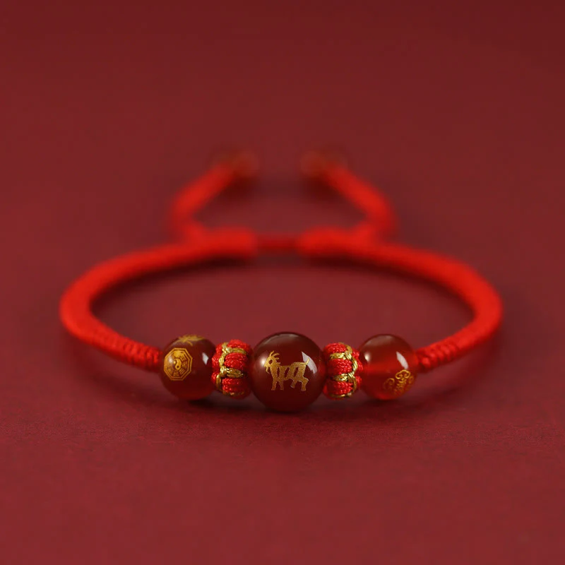 Buddha Stones Handmade Red Agate Chinese Zodiac Red String Braided Protection Bracelet