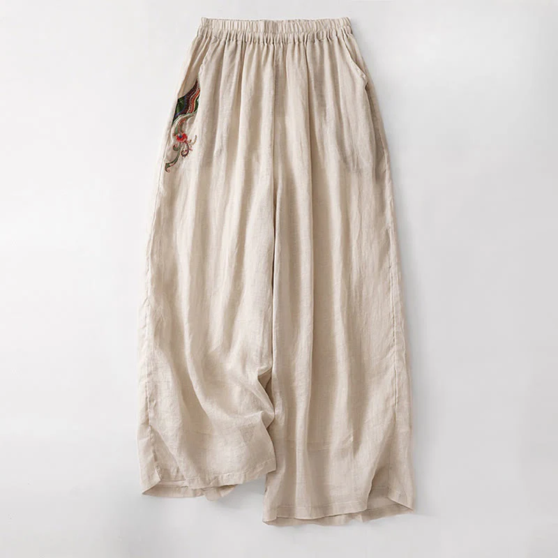 Buddha Stones Summer Embroidery Double Layer Cotton Linen Women's Wide Leg Pants With Pockets