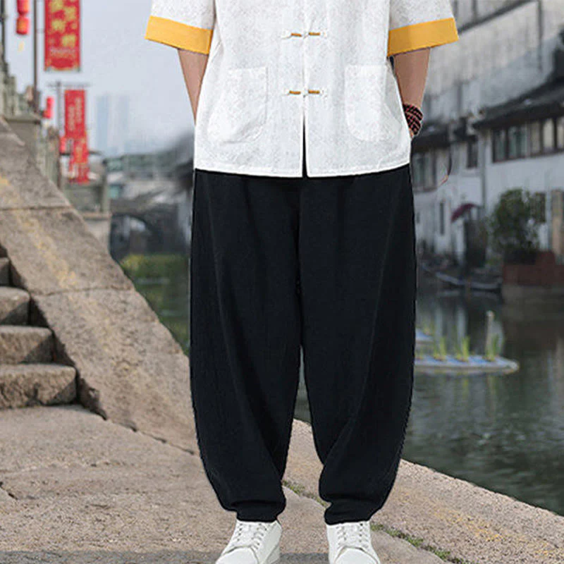 Buddha Stones Retro Printing Flower Pattern Frog-Button Design Stand Collar Men's Half Sleeve Cotton Shirt With Pockets