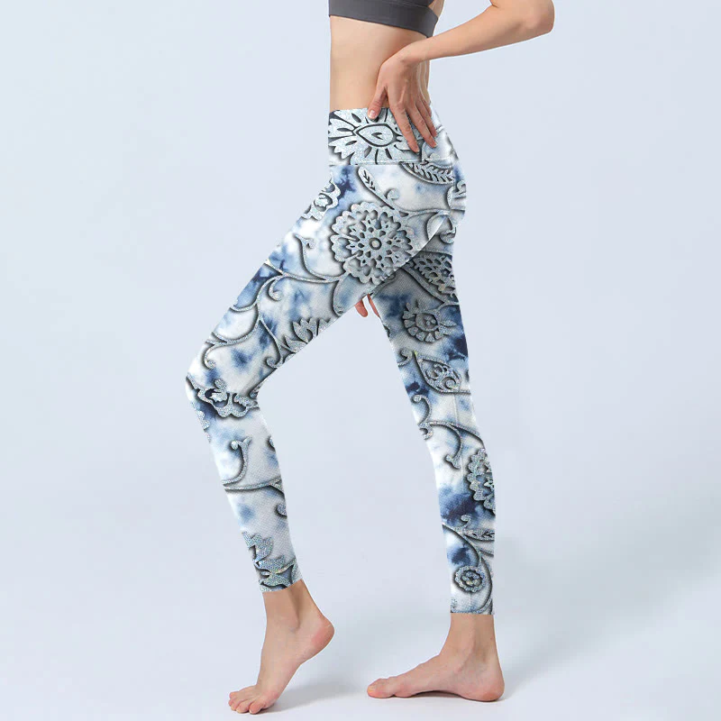 Buddha Stones White Round Flowers Print Exercise Leggings Women's Yoga Pants