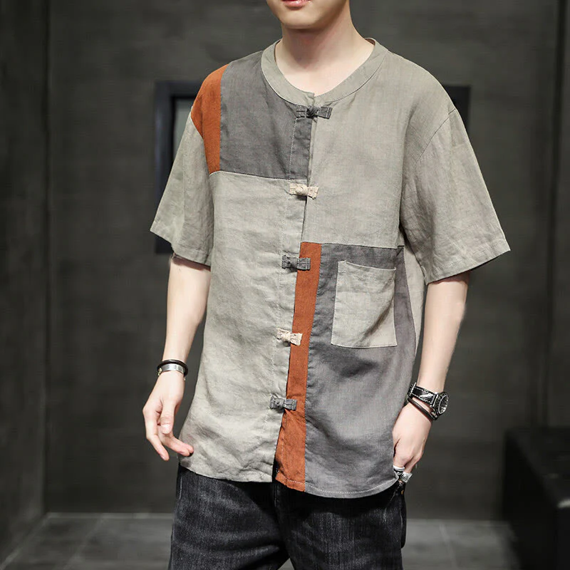 Buddha Stones Vintage Color Matching Button Half Sleeve Men's Cotton Linen Shirt With Pocket