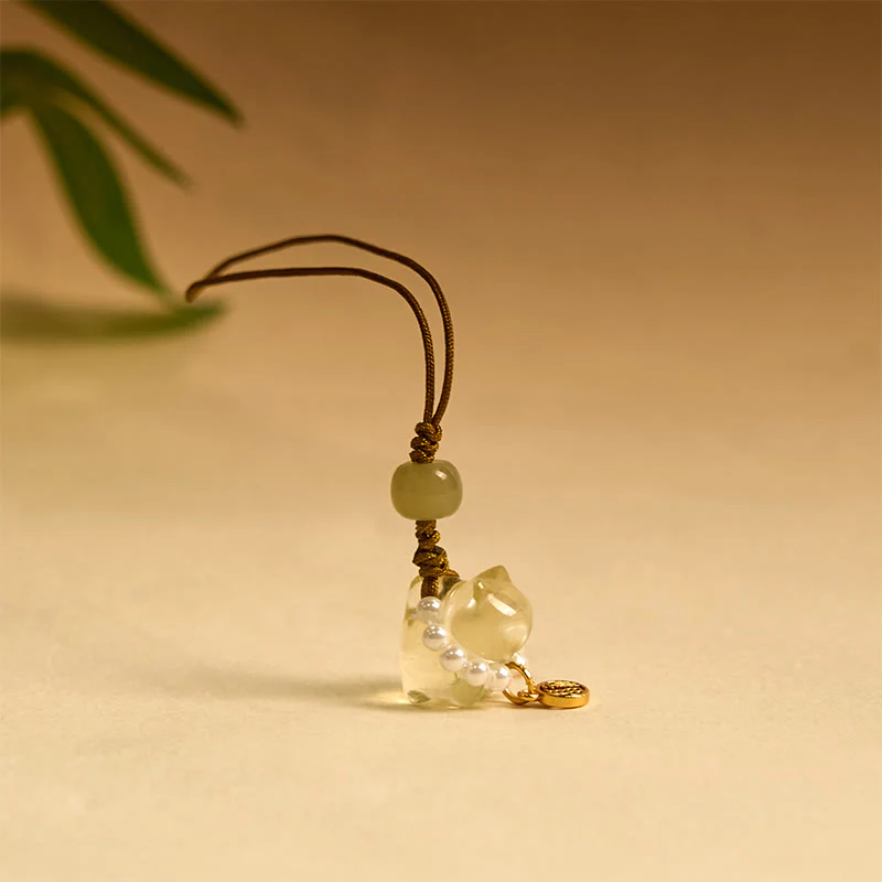 Buddha Stones Pink Crystal Amethyst Citrine Pearl Fu Character Lucky Kitten Warmth Phone Hanging Decoration