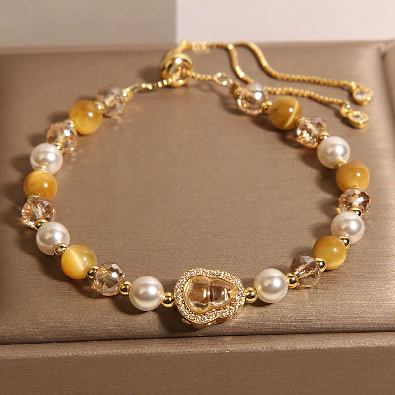 Buddha Stones Yellow Cat's Eye Stone Pearl Gourd Prosperity Bracelet