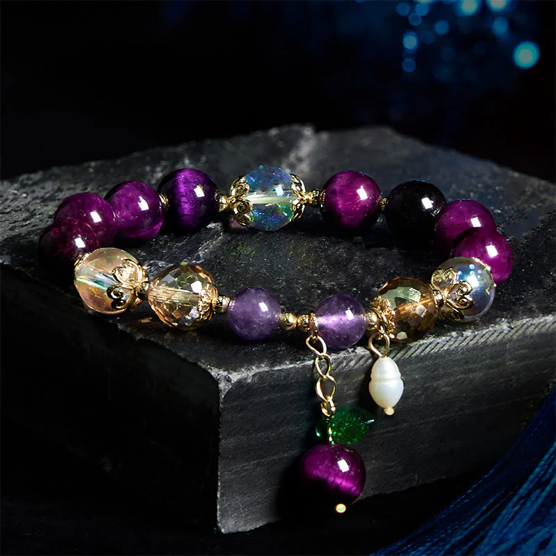 Buddha Stones Natural Red Tiger Eye Purple Tiger Eye Beads Green Leaf Protection Bracelet