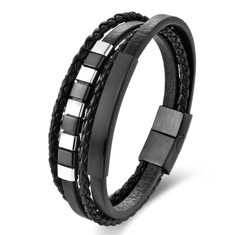 Buddha Stones Square Titanium Steel Leather Multi-layer Buckle Calm Bracelet