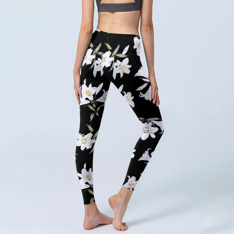 Buddha Stones Black Lily Flower Leaf Pattern Print Gym Leggings Women's Yoga Pants