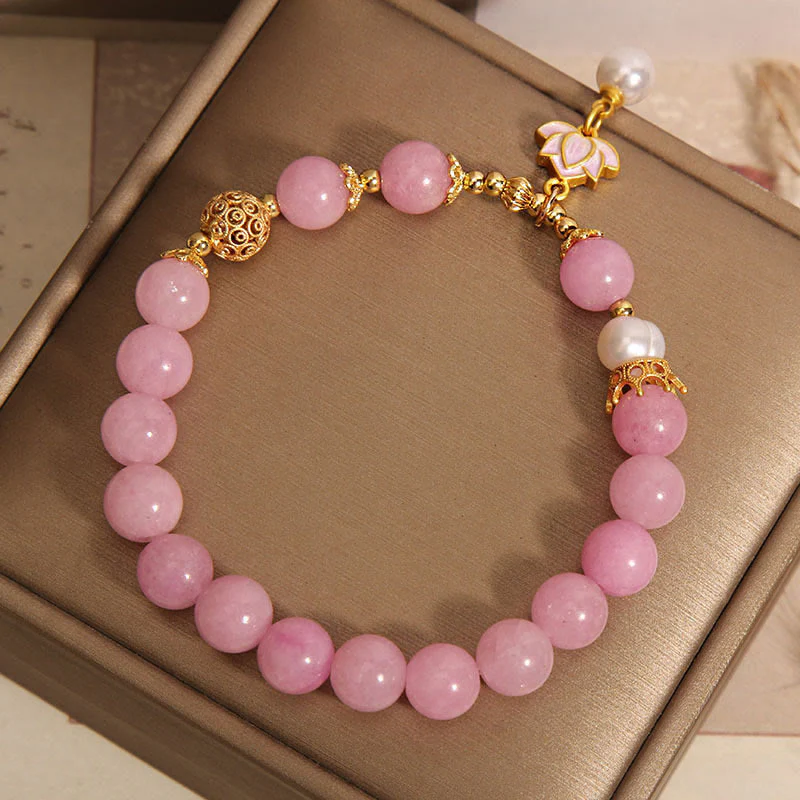 Buddha Stones Pink Quartzite Pearl Lotus Charm Harmony Bracelet