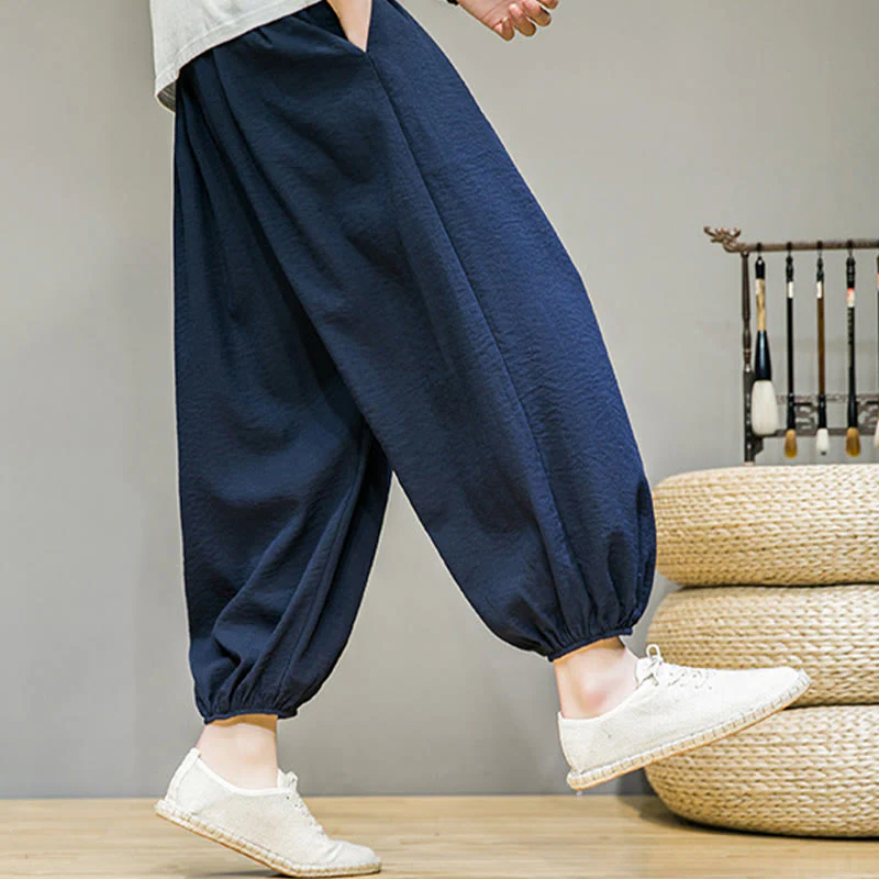 Buddha Stones Summer Plain Drawstring Men's Ankle-Length Cotton Harem Pants With Pockets