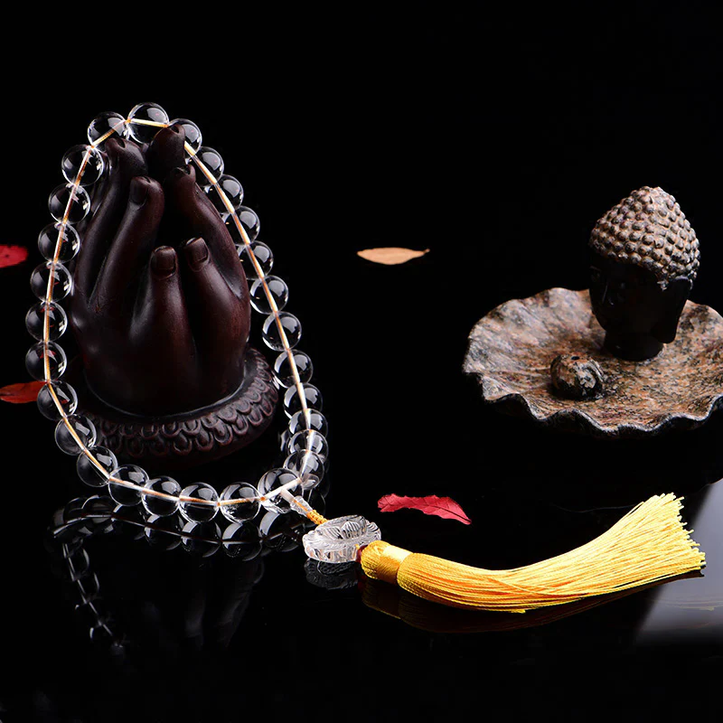 Buddha Stones Natural White Crystal Lotus Wrist Mala Meditation Tassels Pocket Mala Car Decoration