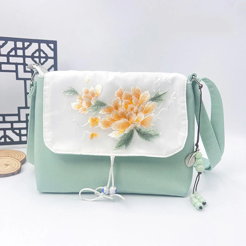 Buddha Stones Embroidered Camellia Epiphyllum Gardenia Sakura Flowers Crossbody Bag Shoulder Bag Cellphone Bag