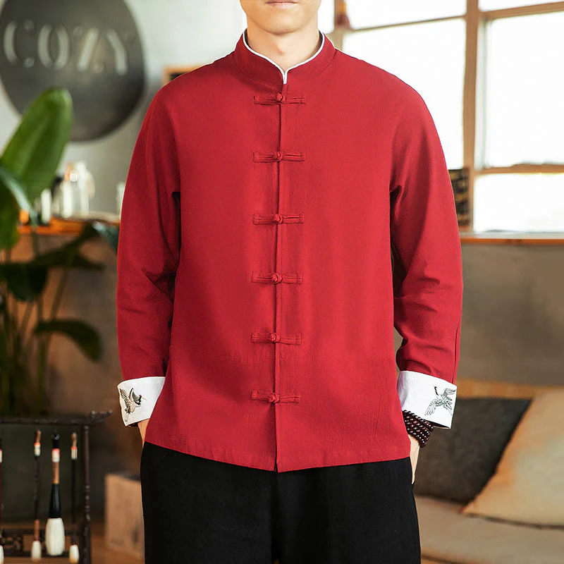 Buddha Stones Tang Suit Frog-Button Crane Embroidery Long Sleeve Cotton Men's Shirt
