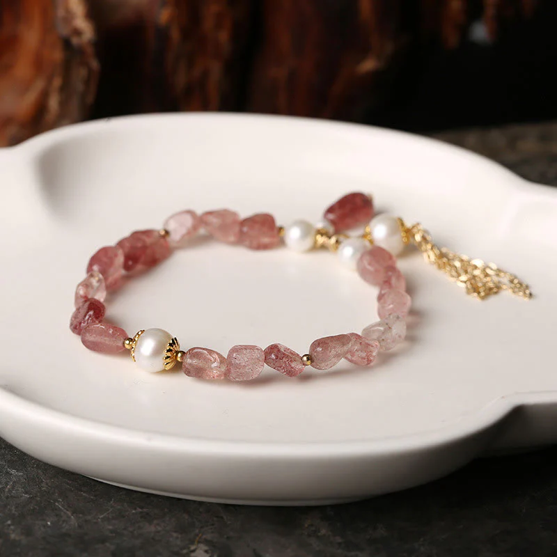 Buddha Stones Natural Strawberry Quartz Pearl 14k Gold Plated Love Healing Bracelet