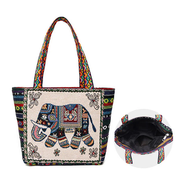 Buddha Stones Elephant Butterfly Embroidered Large Capacity Canvas Tote Bag Shoulder Bag