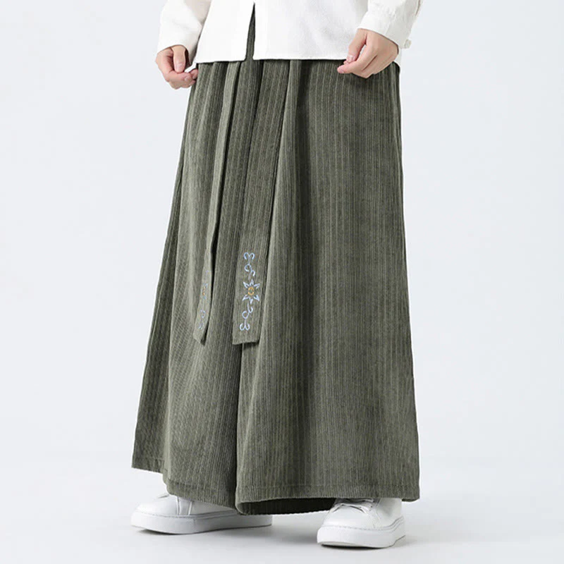 Buddha Stones Casual Embroidery Drawstring Design Men's Corduroy Wide Leg Pants With Pockets