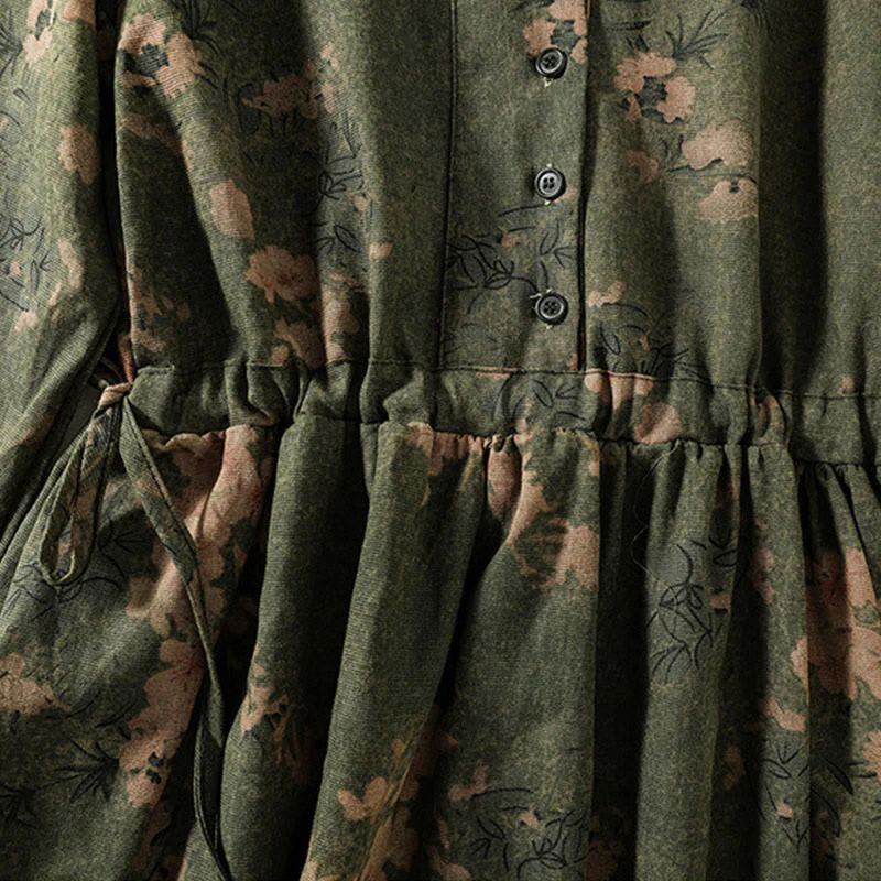 Buddha Stones Casual Printing Drawstring Chinese Frog-Button Cotton Linen Midi Dress With Pockets