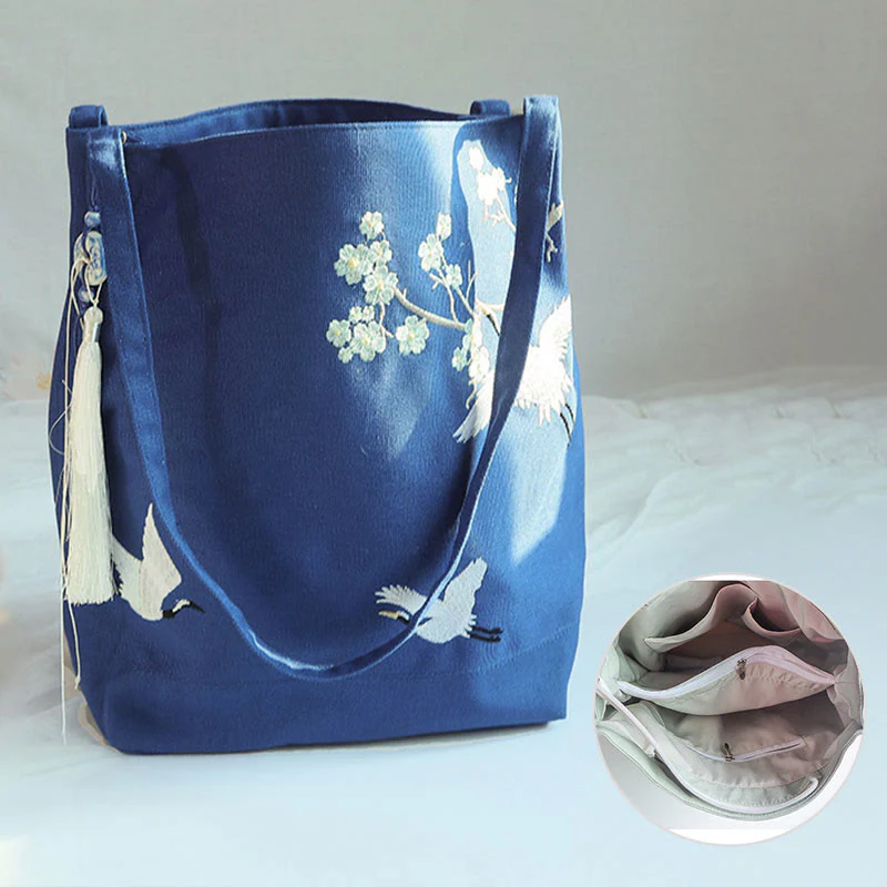 Buddha Stones Flower Crane Plum Blossom Embroidery Canvas Large Capacity Shoulder Bag Tote Bag