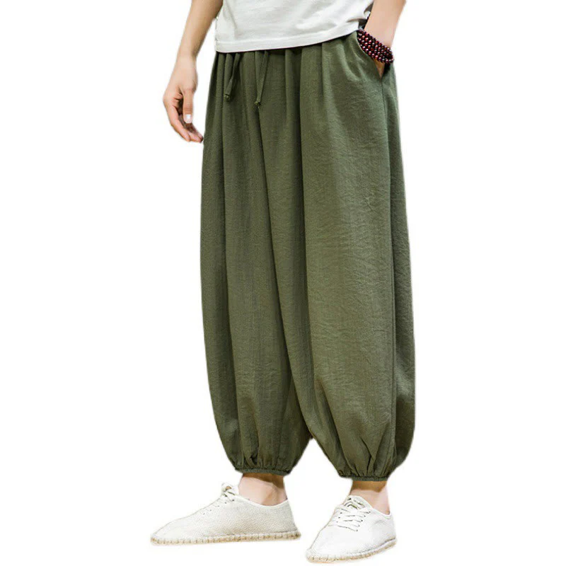 Buddha Stones Summer Plain Drawstring Men's Ankle-Length Cotton Harem Pants With Pockets