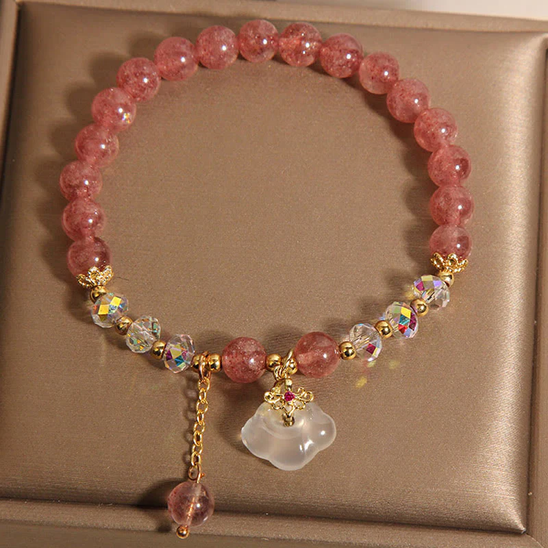 Buddha Stones Auspicious Clouds Strawberry Quartz White Agate White Crystal Positive Bracelet