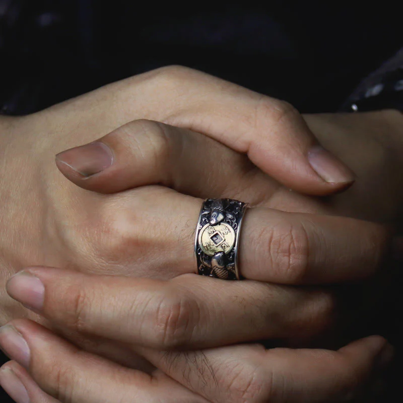 Buddha Stones Adjustable Opening 925 Sterling Silver Lucky Koi Fish Copper Coin Auspicious Clouds Wealth Ring