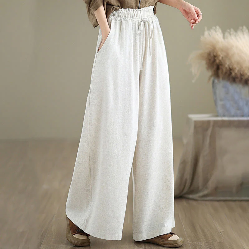 Buddha Stones Commute Plain Simple Lace-Up Design Women's Wide Leg Cotton Linen Pants With Pockets