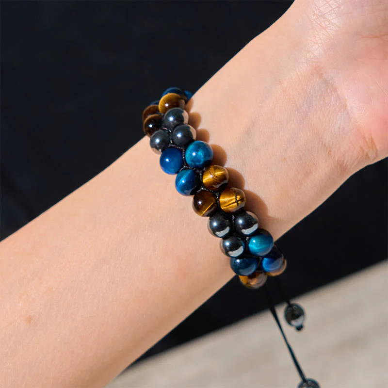 Buddha Stones Natural Blue Tiger Eye Black Magnetite Om Pattern Double Row Beads Strength Bracelet