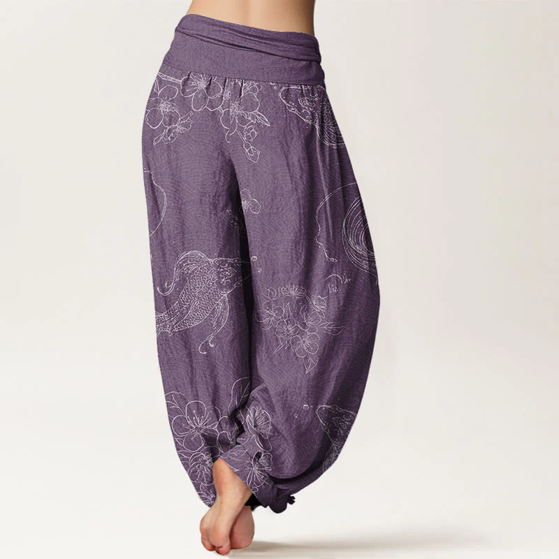 Buddha Stones Koi Fish Floral Pattern Women's Elastic Waist Harem Pants