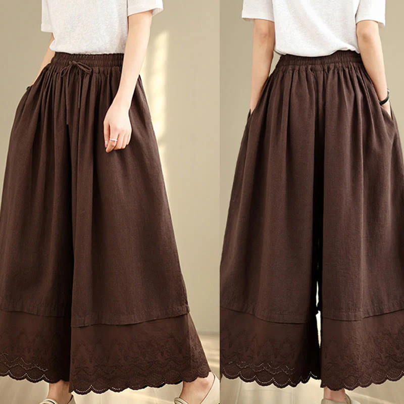 Buddha Stones Spring Embroidery Lace Hem Patchwork Drawstring Design Women's Wide Leg Cotton Pants With Pockets