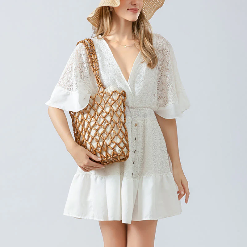 Buddha Stones Hand-woven Wooden Beads Shoulder Bag Handbag