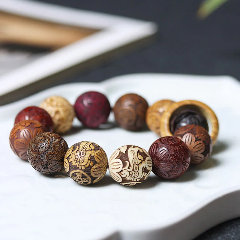 Buddha Stones Carving Sandalwood Chinese Zodiac Auspicious Dragon Phoenix Fu Character Healing Bracelet