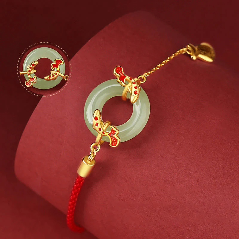 Buddha Stones 999 Sterling Silver Hetian White Jade Double Koi Fish Peace Buckle Lucky Charm Wealth Bracelet