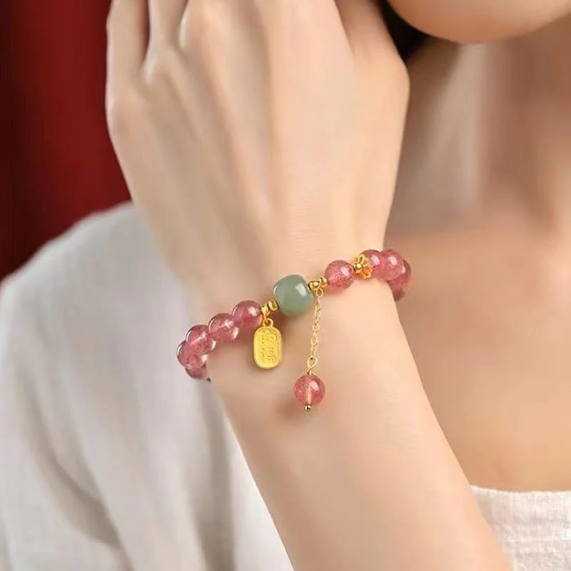 Buddha Stones Natural Strawberry Quartz Fu Character Jade Positive Healing Bracelet