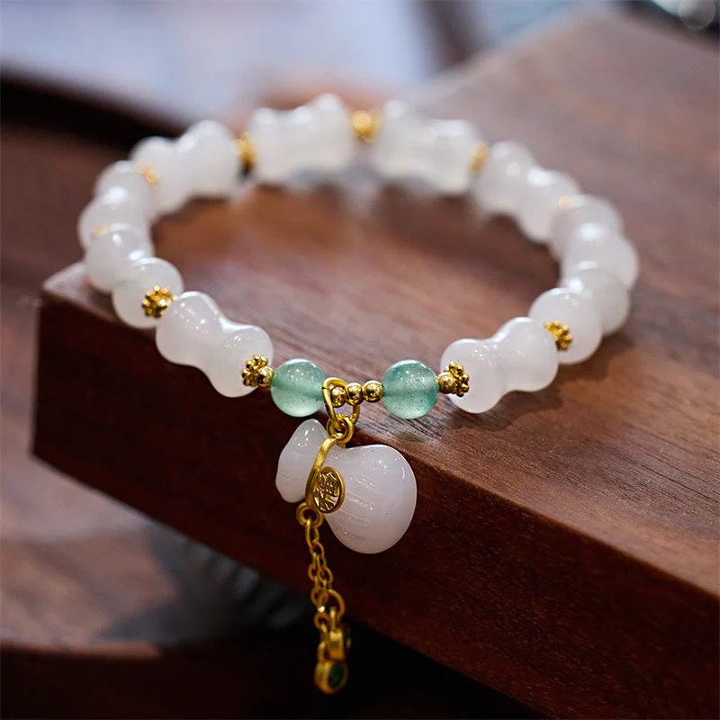 Buddha Stones Natural White Golden Silk Jade Bamboo Pattern Wealth Lucky Bag Fu Character Bracelet