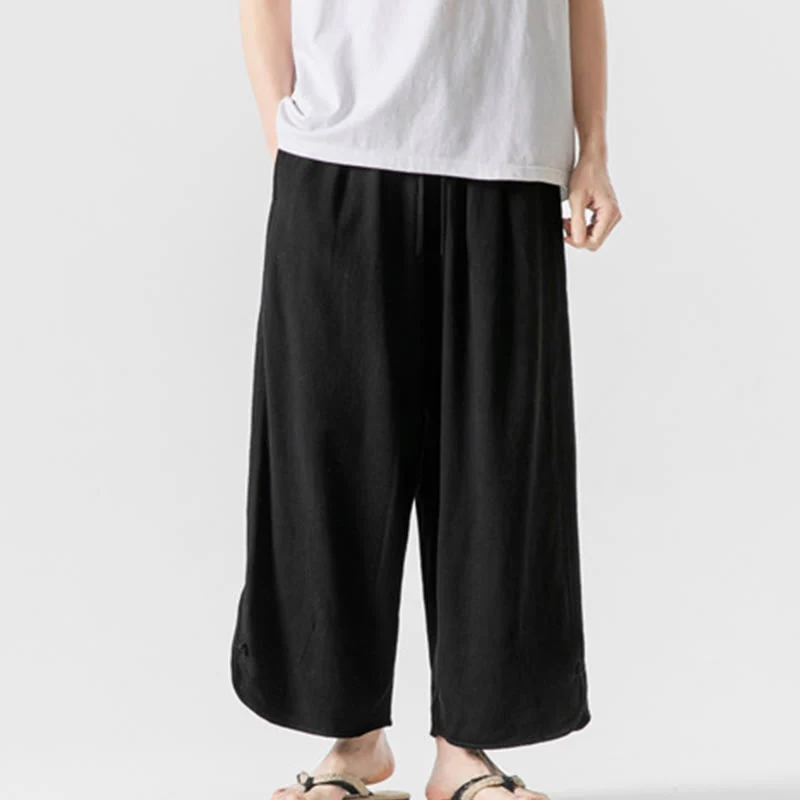 Buddha Stones Casual Loose Frog-Button Plain Men's Cotton Linen 7-8 Length Pants With Pockets