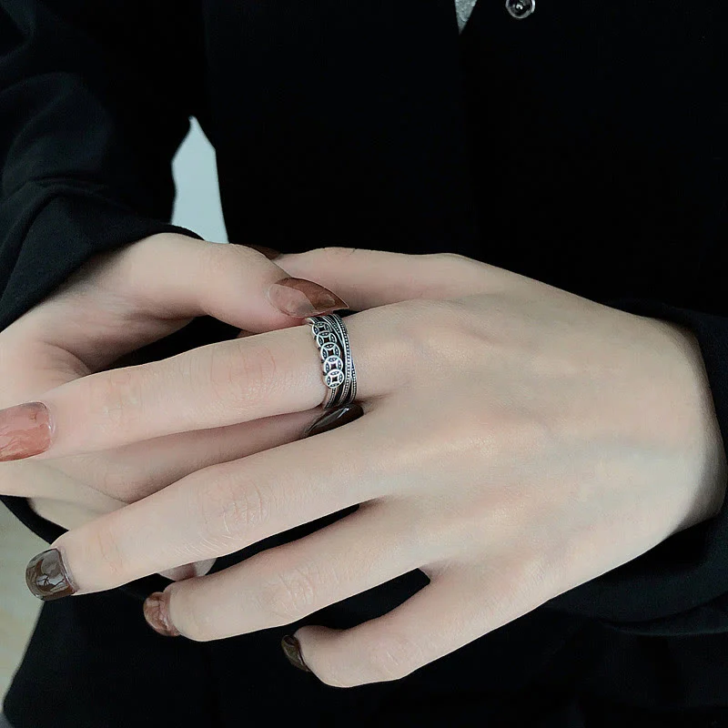 Buddha Stones 925 Sterling Silver Copper Coins Wealth Blessing Adjustable Ring