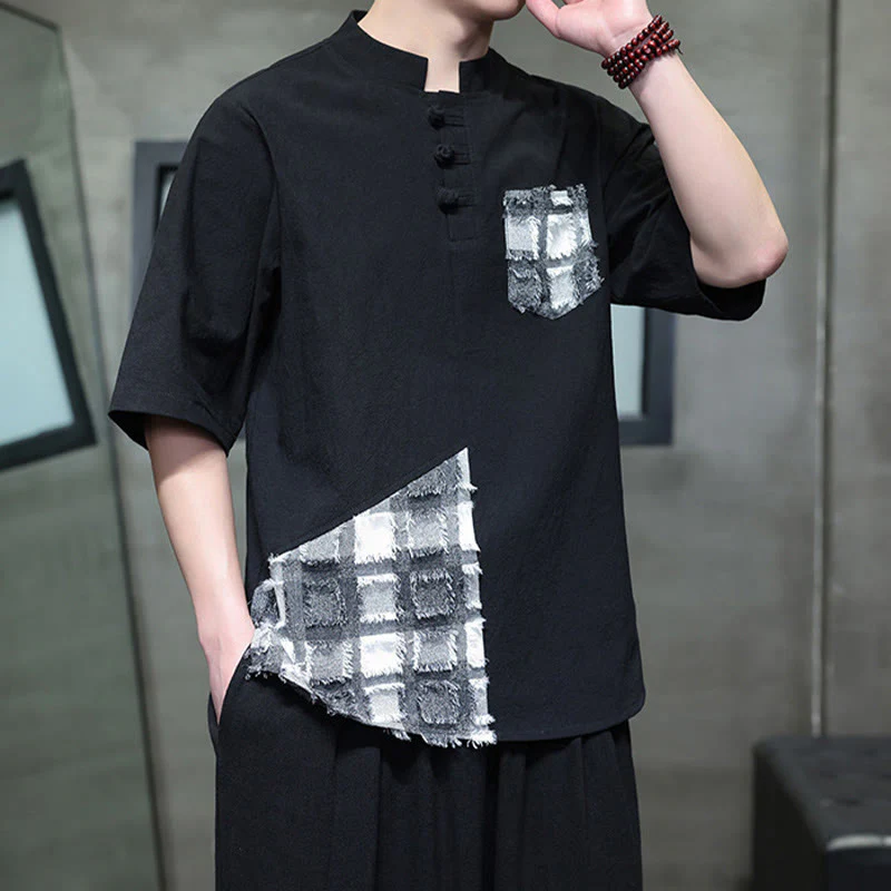 Buddha Stones Summer Vintage Color Contrast Patchwork Design Stand Collar Men's Half Sleeve Cotton Shirt With Pocket