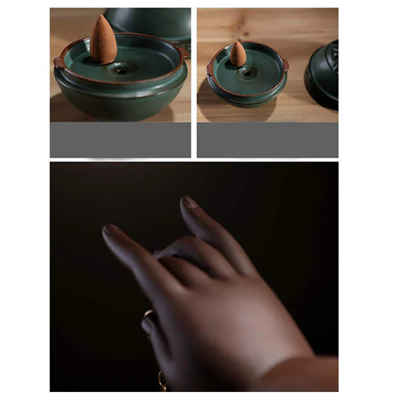 Buddha Stones Tibetan Lotus Blessing Ceramic Incense Burner Decoration