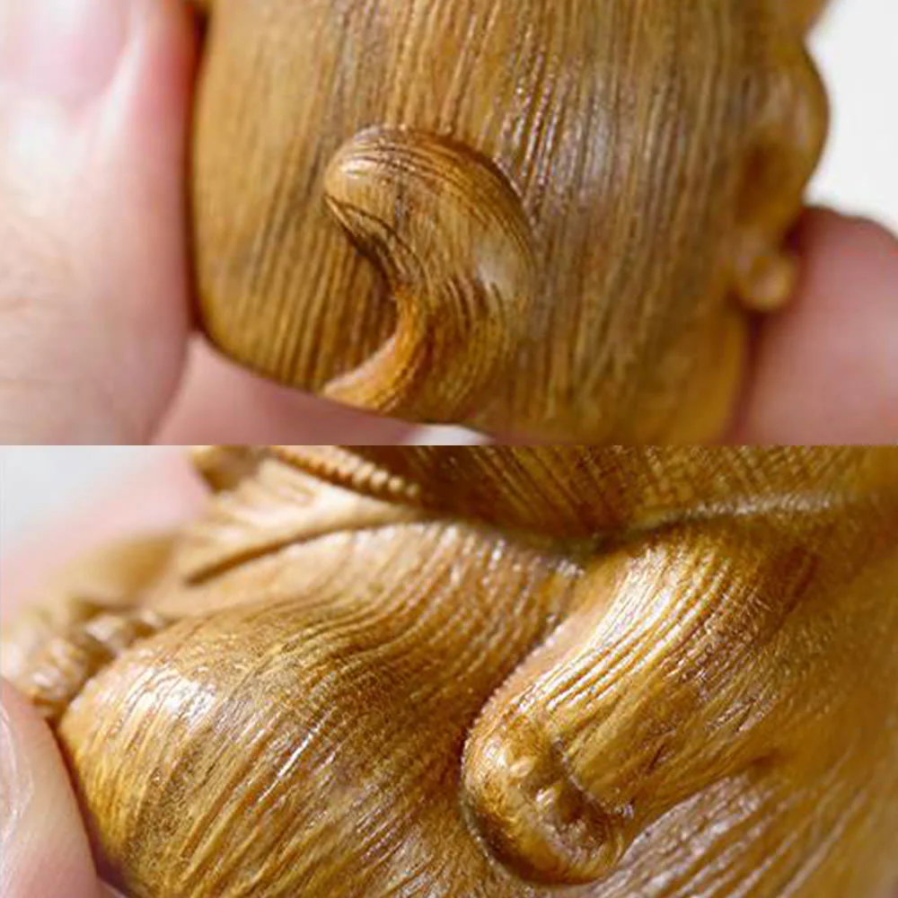 Buddha Stones Small Mini Green Sandalwood Lucky Cat Carved Soothing Decorations