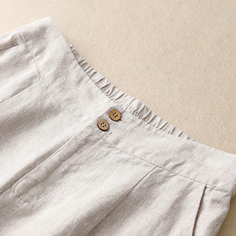 Buddha Stones Summer Casual Simple Design Linen Women's Wide Leg Pants With Zipper Pockets