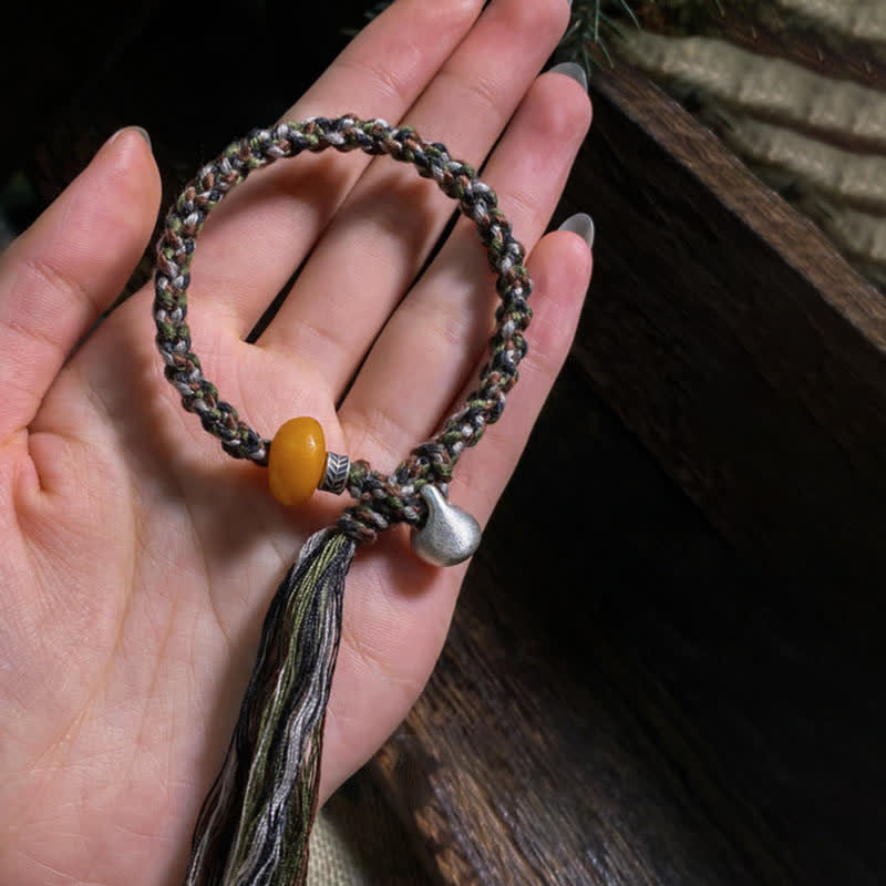 Buddha Stones 990 Sterling Silver Tibetan Handmade Amber Steelyard Weight Wish Protection Bracelet