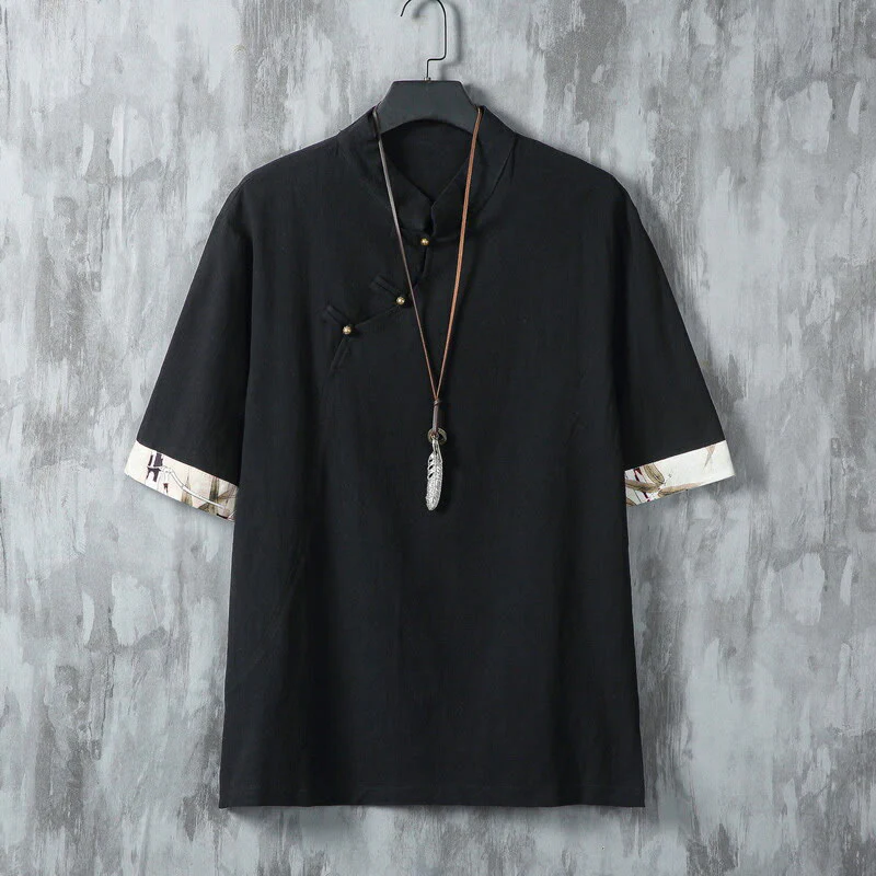 Buddha Stones Summer Chinese Frog-Button Printing Men's Plain Patchwork Half Sleeve Cotton Linen Shirt