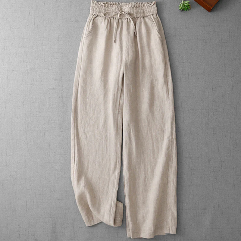 Buddha Stones Casual High Waist Ruffled Drawstring Design Women's Wide Leg Cotton Pants With Pockets