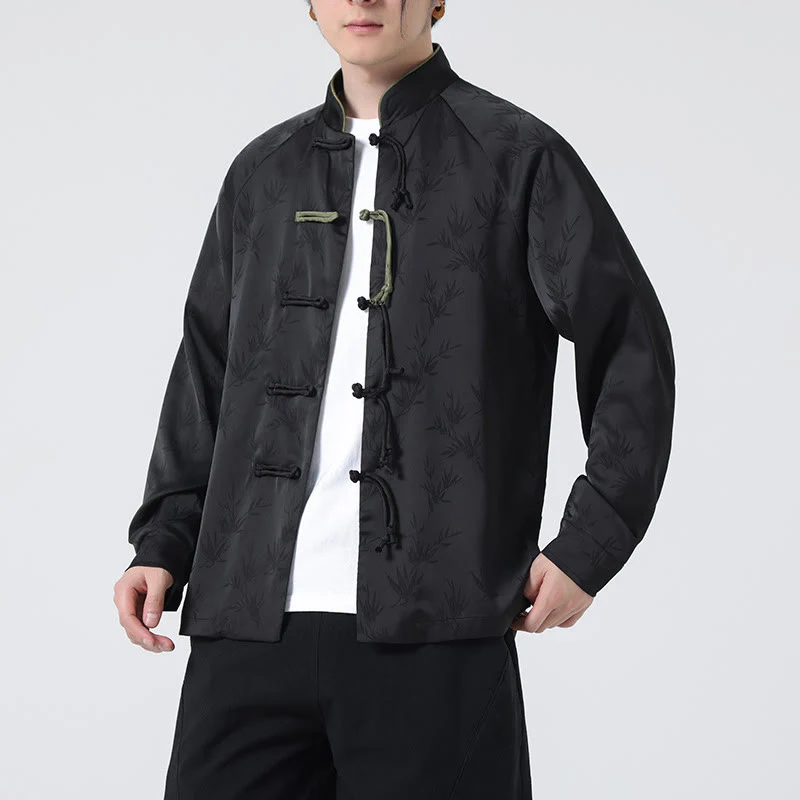 Buddha Stones Spring Jacquard Bamboo Leaves Pattern Chinese Frog-Button Design Men's Long Sleeve Shirt