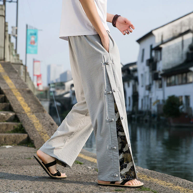 Buddha Stones Casual Patchwork Crane Pattern Frog-Button Design Men's Wide Leg Pants With Pockets