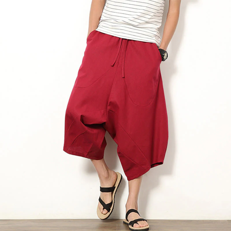 Buddha Stones Spring Plain Simple Patchwork Design Drawstring Cotton Linen Men's 7-8 Length Wide Leg Pants With Pockets