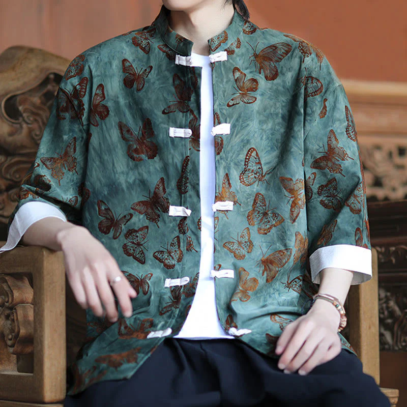 Buddha Stones Jacquard Butterfly Pattern White Frog-Button Design Stand Collar Men's Three Quarter Sleeve Cotton Shirt Cardigan