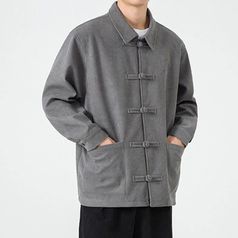 Buddha Stones Long Sleeve Frog-button Design Men's Polyester Jacket Shirt With Pockets