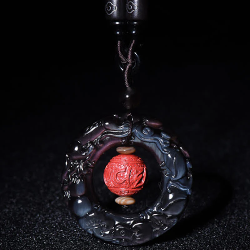 Buddha Stones FengShui Natural Rainbow Obsidian PiXiu Cinnabar Healing Necklace Pendant